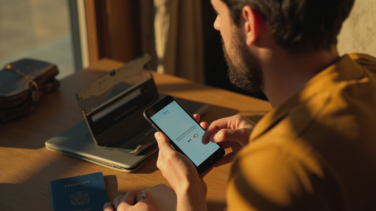 American traveler tapping a generic banking-app toggle on a smartphone to clear a card before paying, plain credit card and US passport on the desk