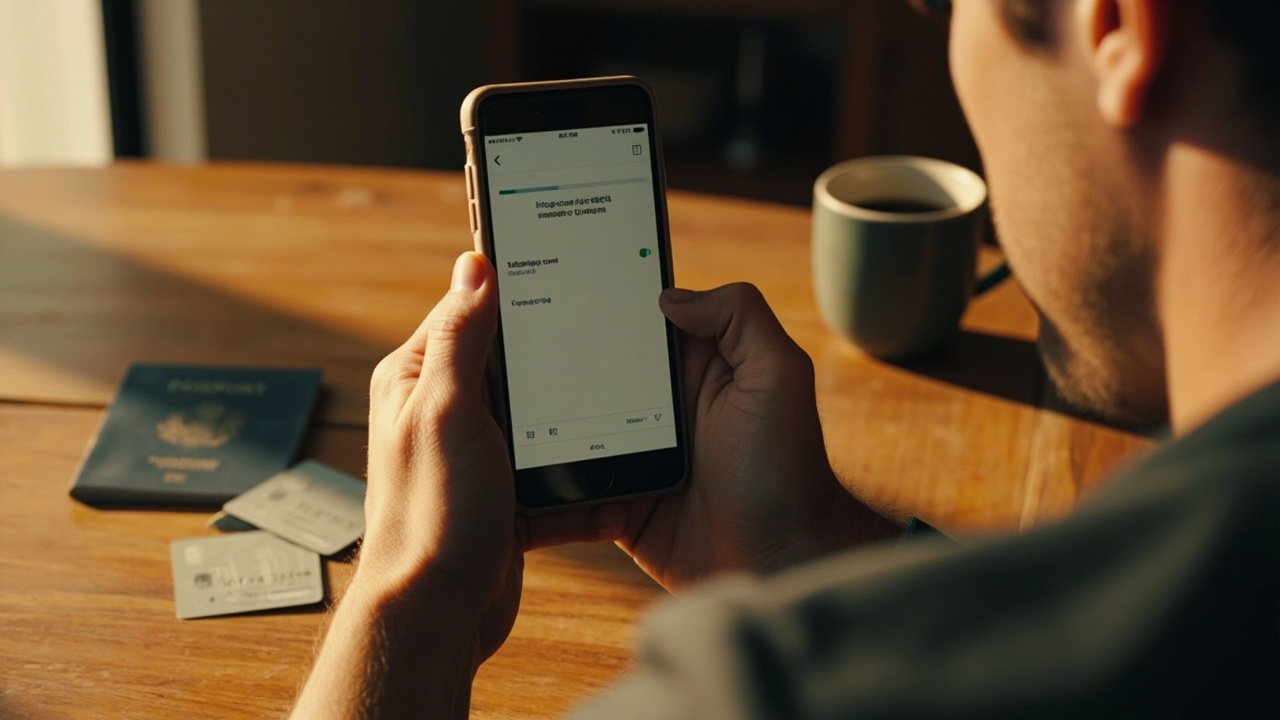 American traveler in their late 30s holding a smartphone ready to pay with a digital wallet beside two plain credit cards on a warm wooden kitchen table