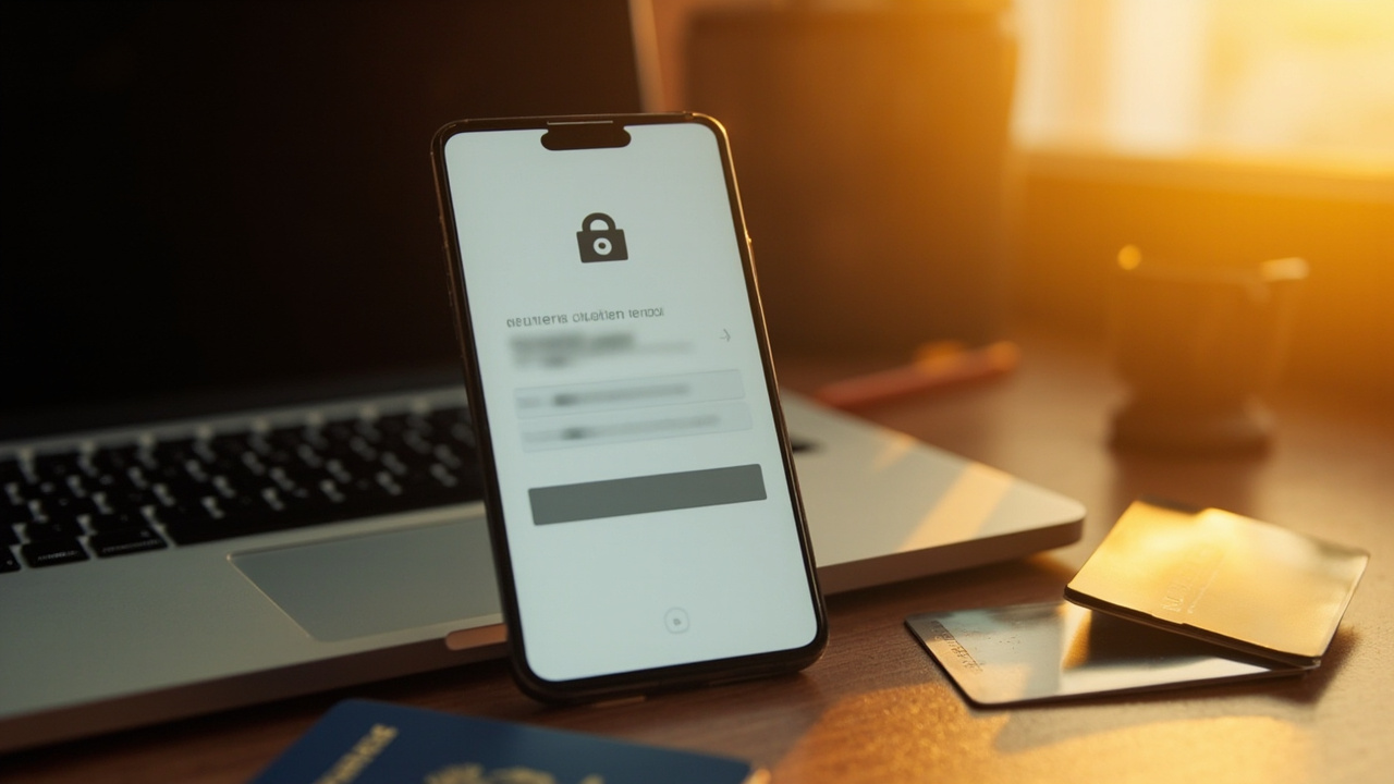 Smartphone and laptop on a warm wooden desk showing a generic secure-checkout screen with a soft padlock icon, beside a blue US passport at golden hour