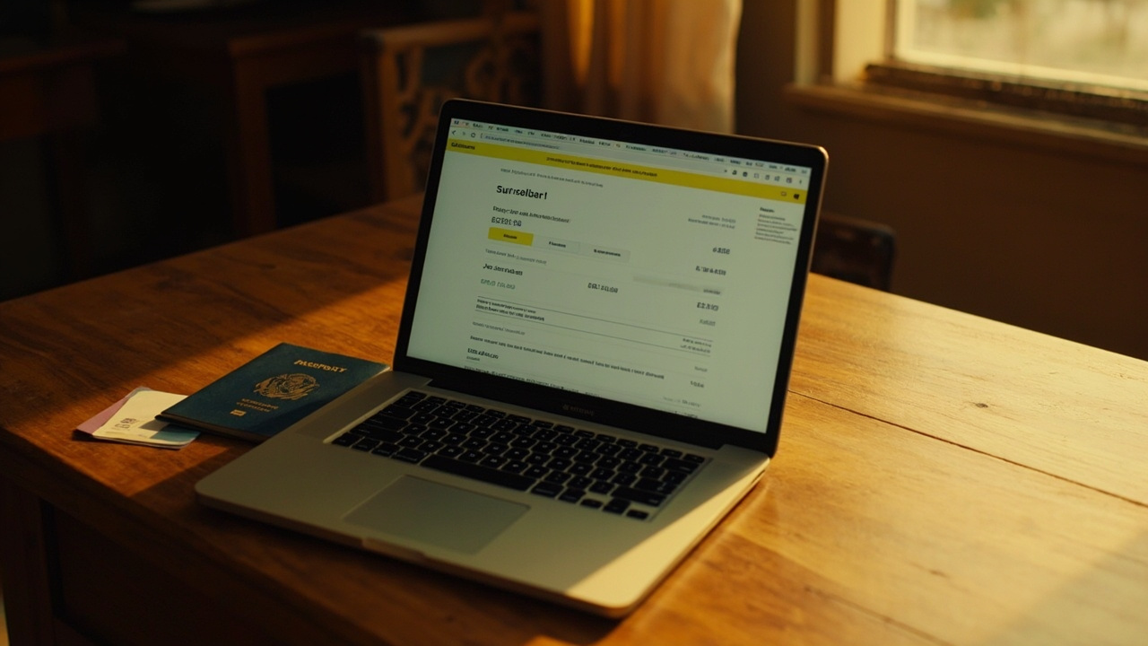 Open laptop on a warm wooden desk showing a clean generic card-statement screen with a single USD charge line beside a blue US passport and a plain credit card