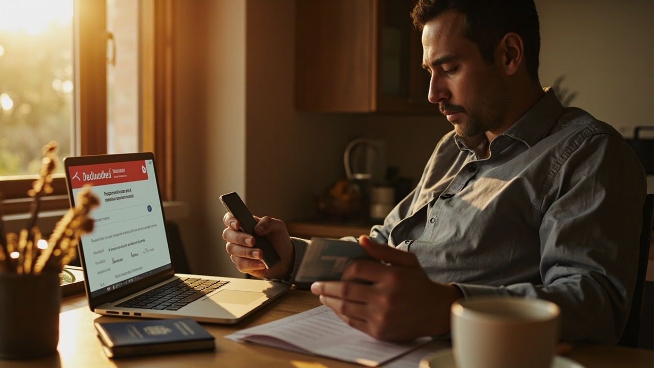 Frustrated American traveler at a kitchen table looking at a laptop showing a declined payment message, phone in hand ready to call the bank