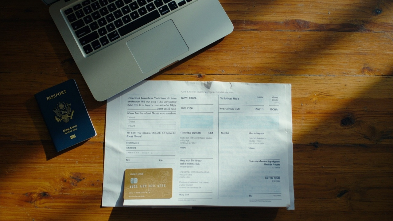 Overhead view of a credit card resting on a folded paper bank statement beside a laptop showing a generic billing-address form on a warm wooden desk