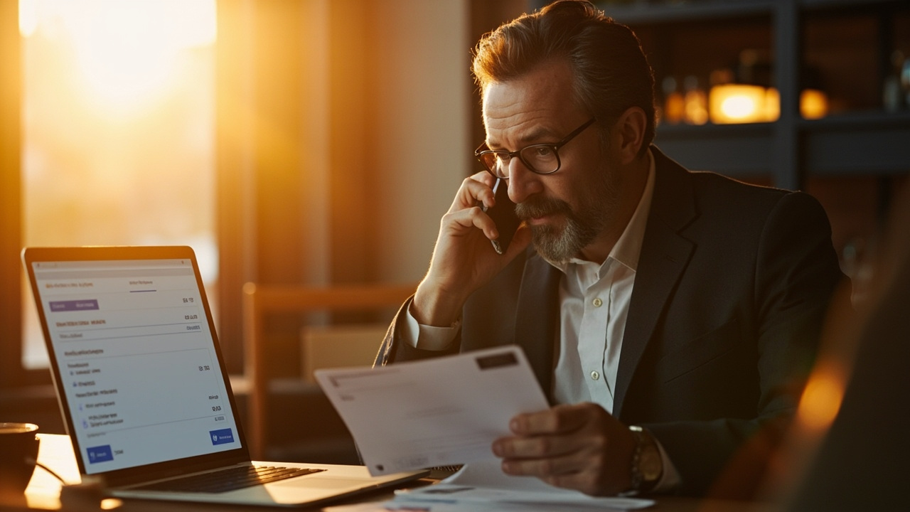 American traveler in their late 30s on a phone call by a sunlit window, laptop open on the desk in front of them, calm expression