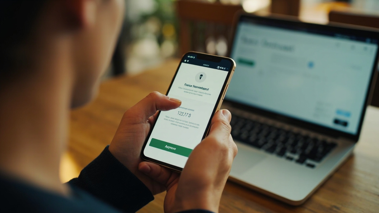 Close-up of an American's hand holding a smartphone showing a generic bank fraud-alert notification, blurred laptop checkout in the background