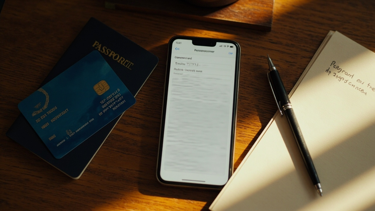 Overhead close-up of a smartphone showing a generic card-app fees screen beside a US credit card and a blue passport on a wooden desk