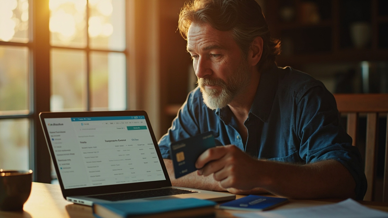 American traveler in their late 30s reviewing a credit card statement on a laptop at a sunlit kitchen table in a US home