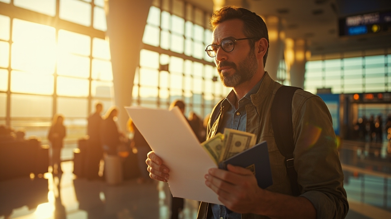 American traveler at a sunlit airport holding a folded printout and a few US dollar bills with a blue passport, terminal softly blurred behind