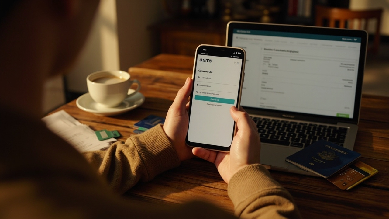 American traveler tapping a smartphone digital wallet to pay, with two generic credit cards fanned on a warm wooden desk beside a laptop