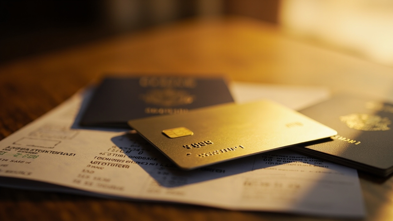 Close-up of a premium metal charge card resting on a folded boarding-pass-style printout and a blue US passport on a warm wooden table at golden hour