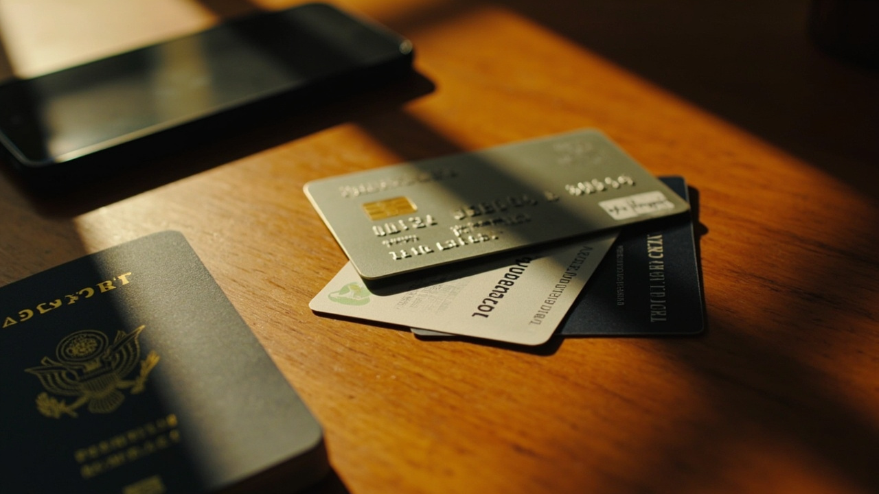 Three generic payment cards fanned on a warm wooden desk beside a smartphone showing a mobile-wallet screen and a blue US passport