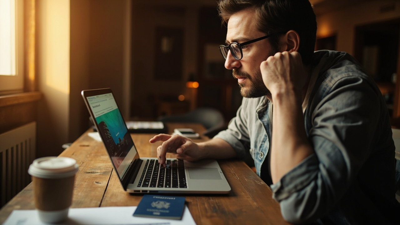American traveler at a sunlit home desk confirming an online payment on an open laptop with a blue US passport beside it
