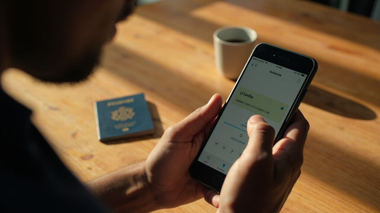 Close-up of an American traveler authenticating a phone-wallet payment with a glance at the screen on a warm wooden kitchen table