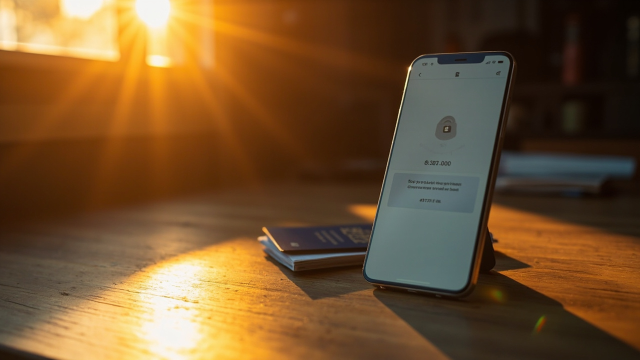 Smartphone on a warm wooden desk showing a clean secure-checkout screen with a soft padlock icon beside a blue US passport at golden hour