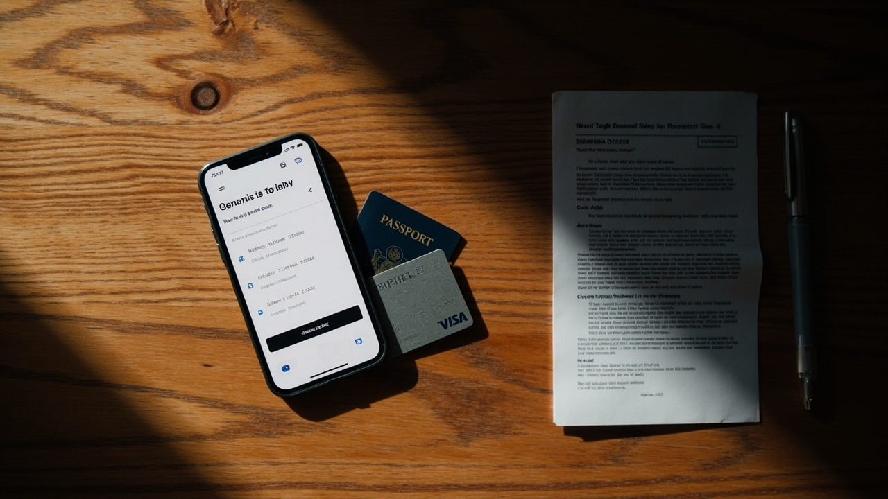 Overhead flat-lay of a smartphone, two plain unbranded cards, and a blue US passport on a warm wooden desk representing wallet payment choices