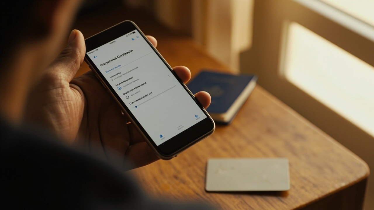 Close-up of hands holding a smartphone showing a generic mobile banking card-controls screen, with a debit card resting on a warm wooden desk