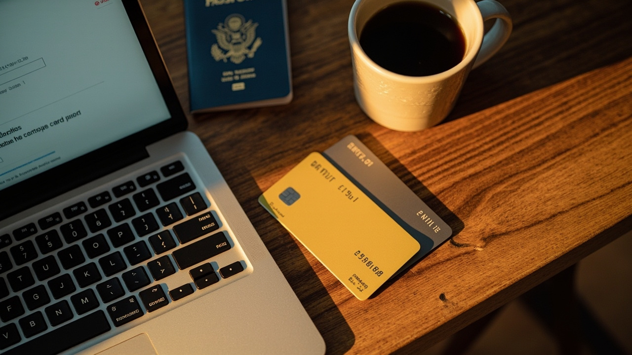 Overhead flat-lay of two generic payment cards side by side on a warm wooden desk beside an open laptop and a blue US passport