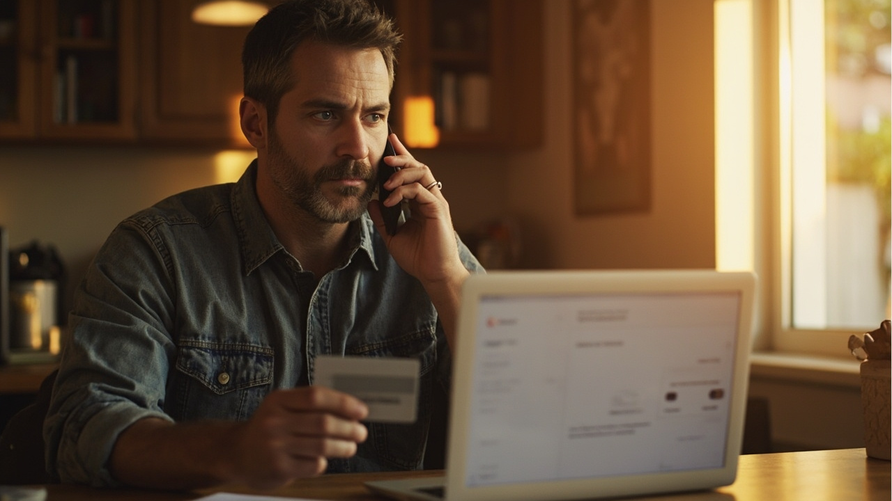 American traveler at a sunlit desk holding a debit card while on a phone call to clear a card decline, laptop checkout open beside them
