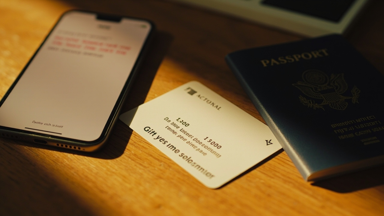 Single plain prepaid-style gift card resting on a warm wooden desk beside a smartphone and a blue US passport in soft golden light
