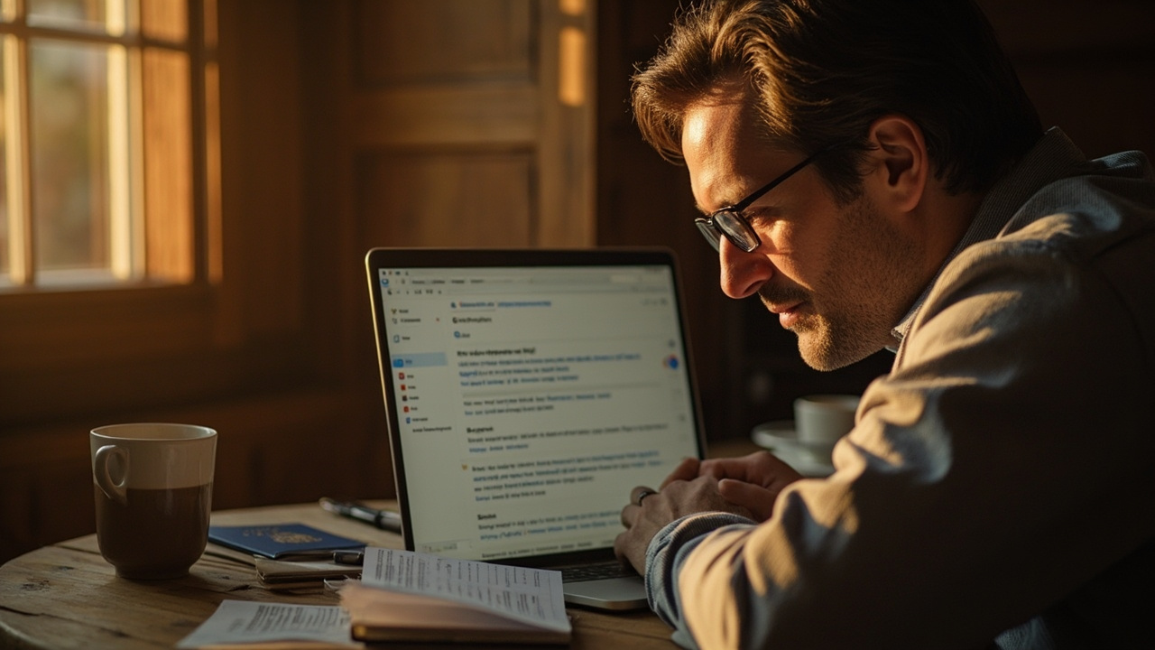 American traveler searching their email inbox on an open laptop for an eVisa PDF approval, blue US passport and coffee on a warm desk