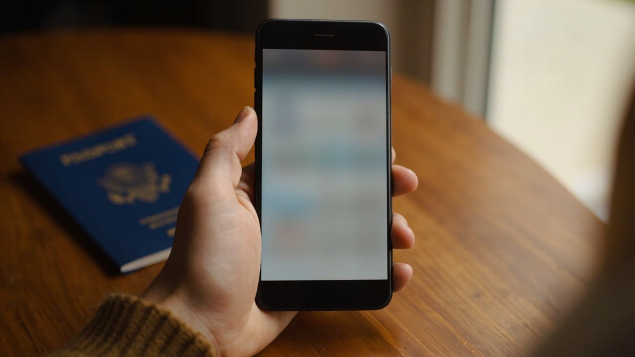 Close-up of a smartphone held in two hands showing a generic banking app with one greyed-out pending line above a finalized transaction line