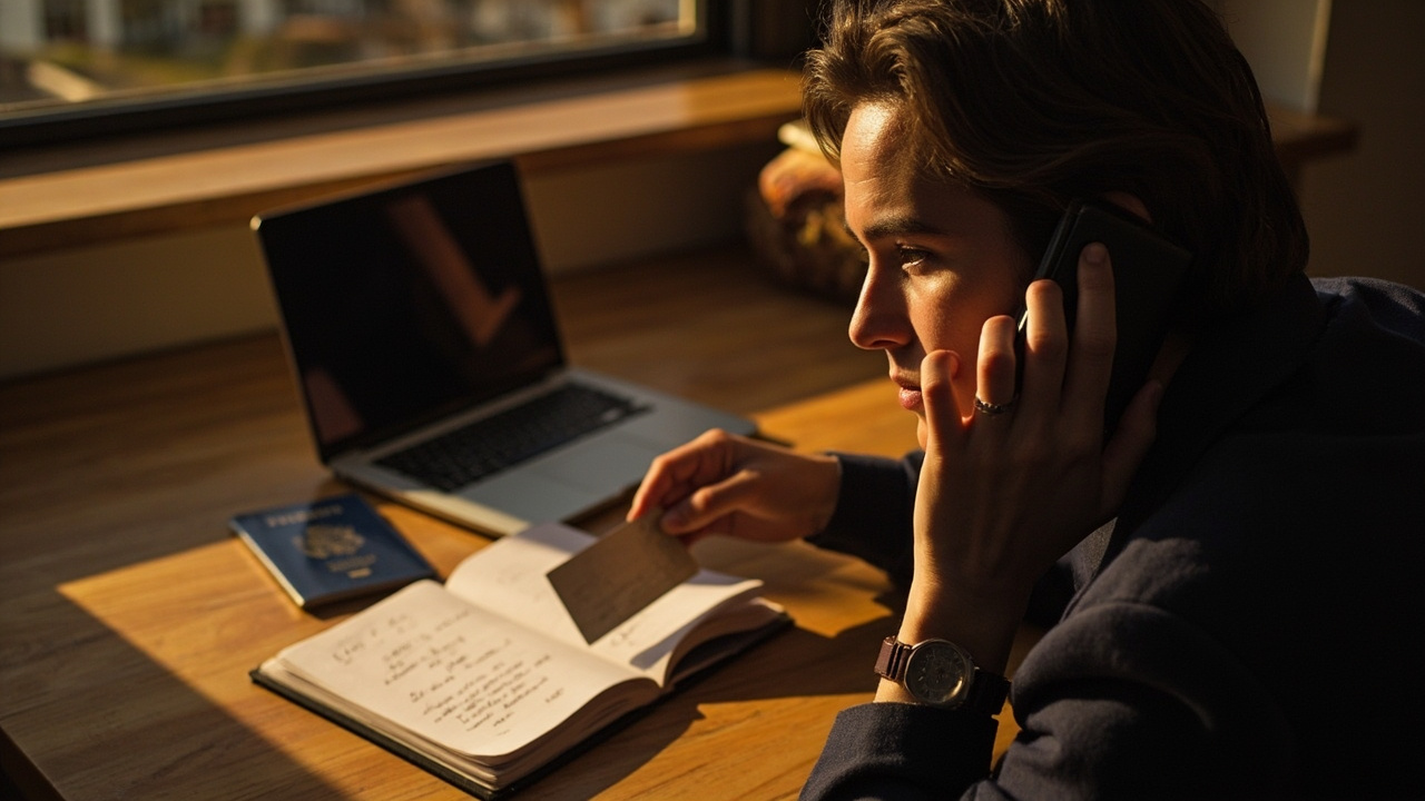 American traveler on a calm phone call at home holding a card and a notepad, sorting out a charge with US-timezone support