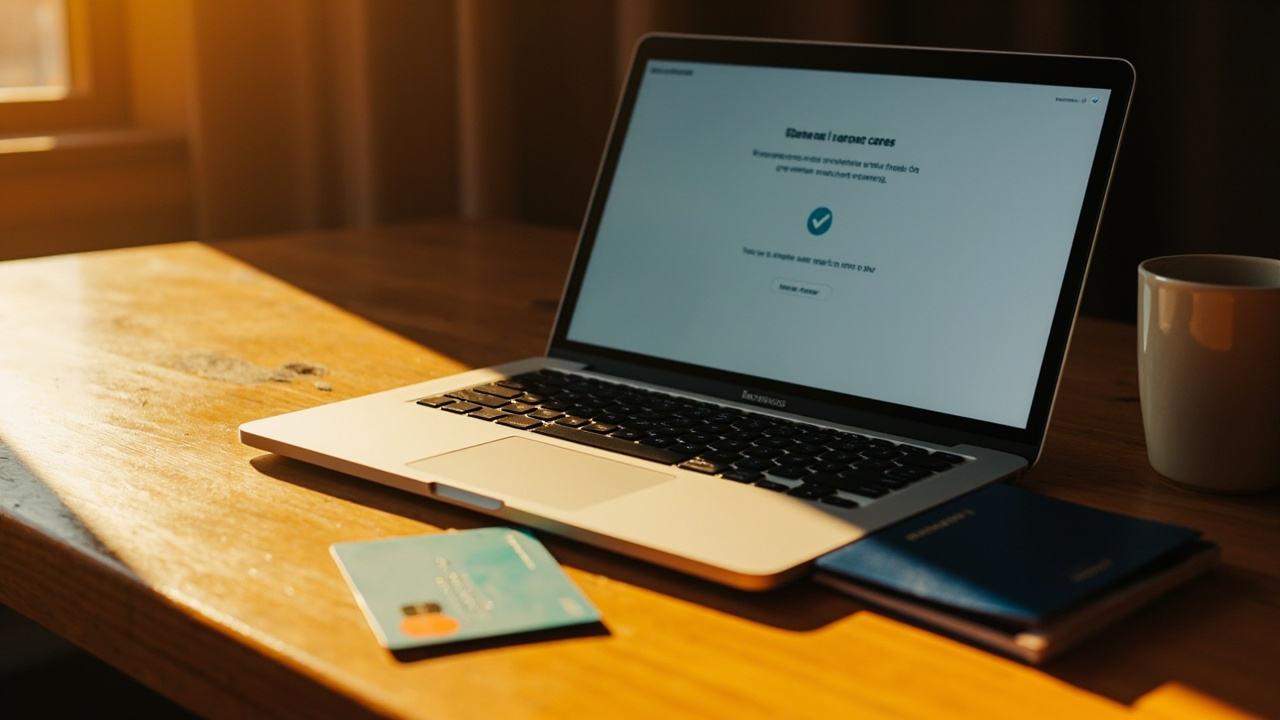 Single payment card resting on a warm desk beside an open laptop showing a clean generic checkout confirmation, blue US passport in frame