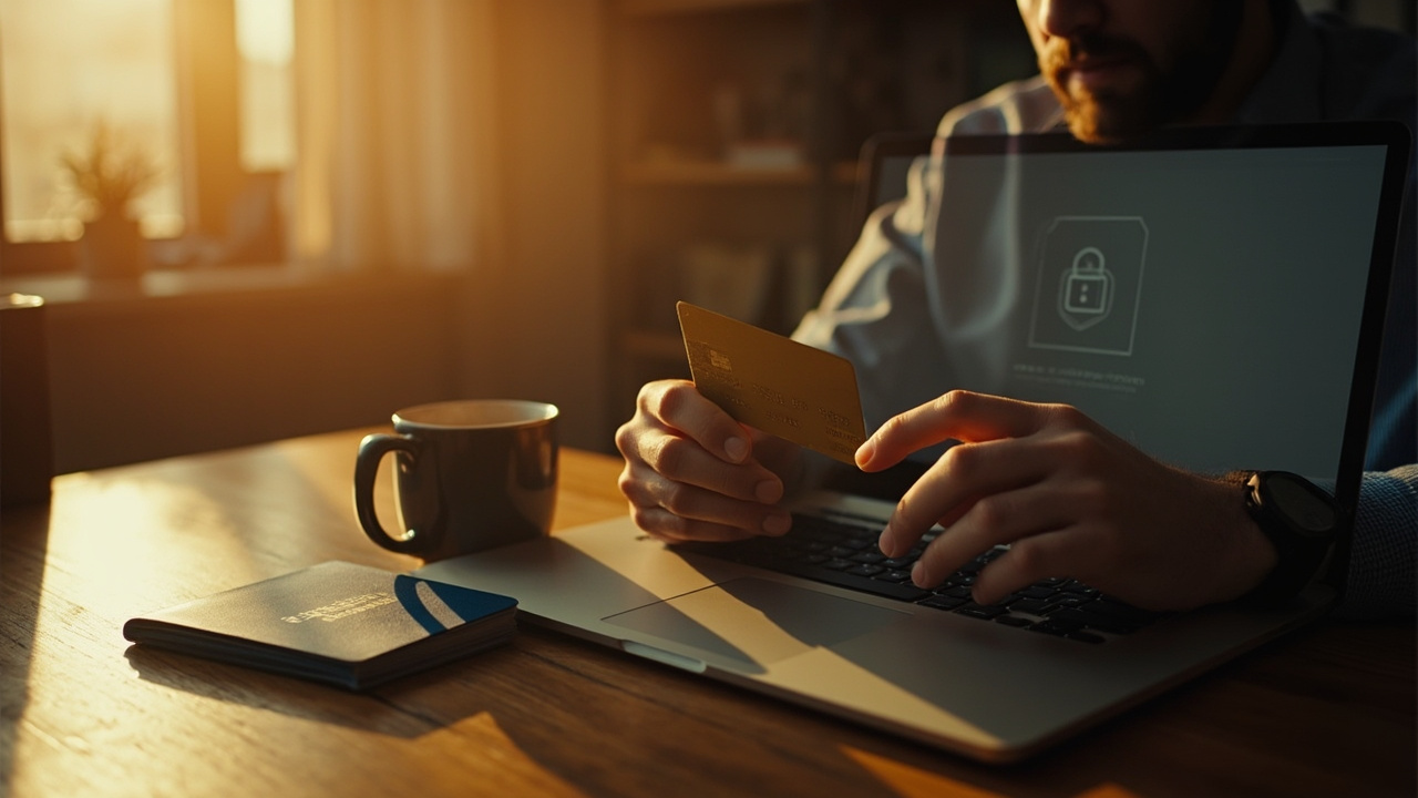 American traveler entering card details on a laptop showing a padlock and secure checkout, a blue US passport and coffee beside it on a warm wooden desk