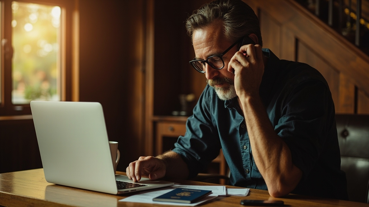 American traveler calmly on the phone with their bank while looking at a card statement on a laptop, a credit card and blue US passport on a warm wooden desk