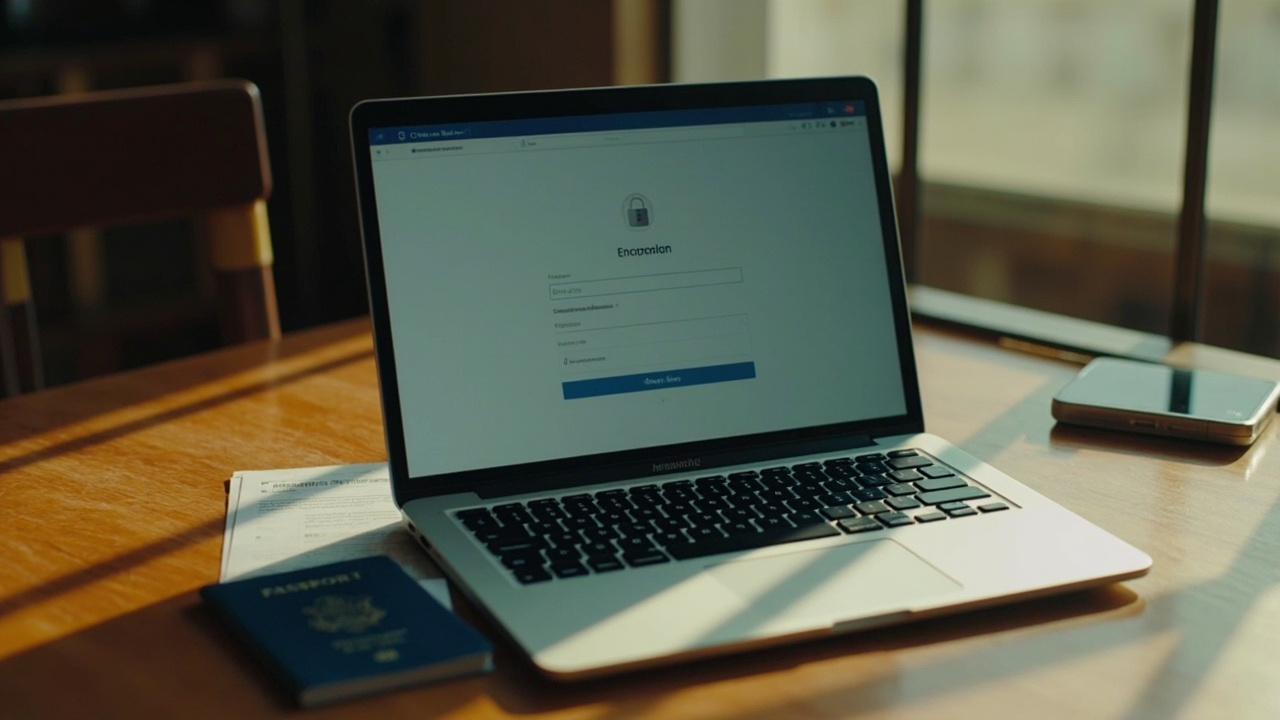 Close-up of an open laptop on a warm wooden desk showing a generic encrypted checkout with a padlock, a blue US passport and a credit card resting beside it