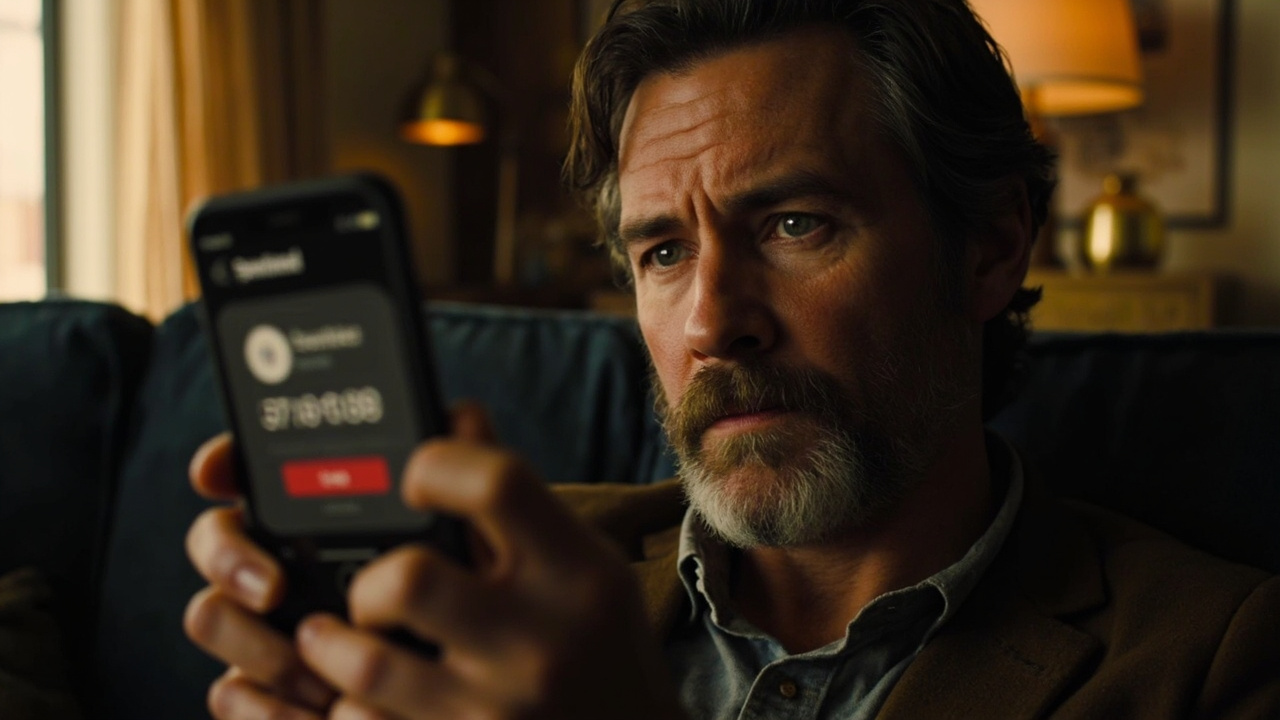 American traveler pausing skeptically at a smartphone showing a generic pushy pop-up with a countdown badge, hand hovering rather than tapping, in a warm-lit US living room