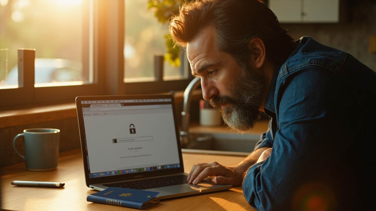 American traveler examining a laptop browser address bar with a padlock, leaning in to check the site carefully in a sunlit US kitchen