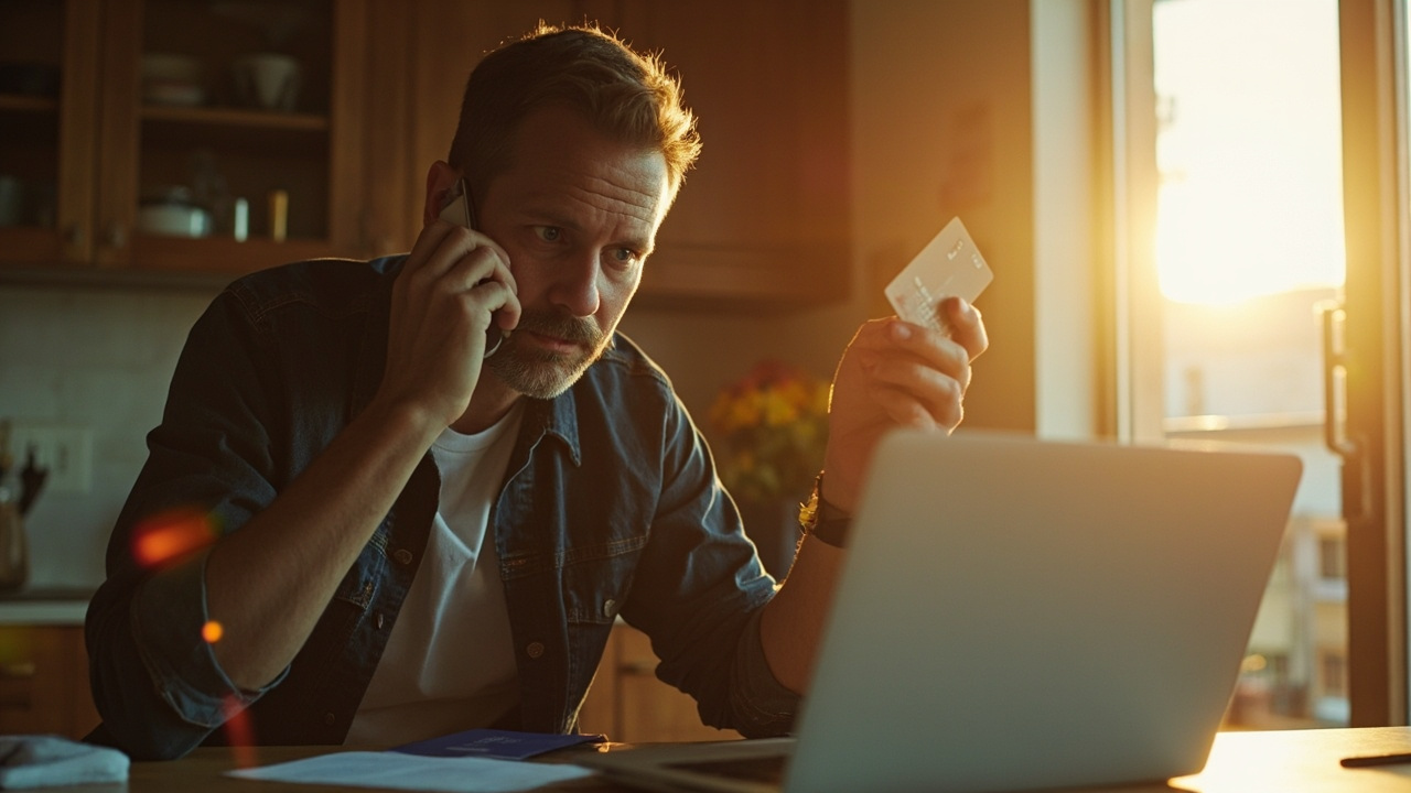 American traveler calmly on a phone call to their bank, holding a credit card and reading the number on the back, at a sunlit kitchen table