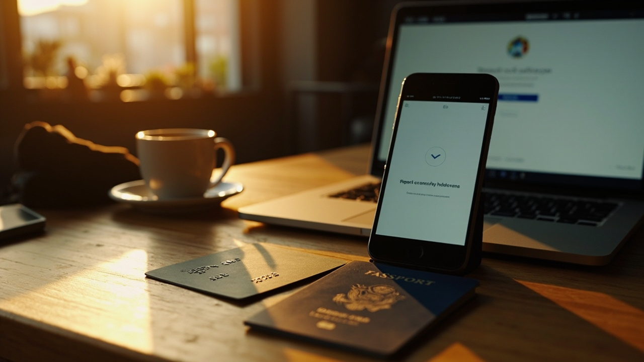 Phone showing a cleared confirmation beside an open laptop checkout retrying a payment on a warm wooden table at golden hour