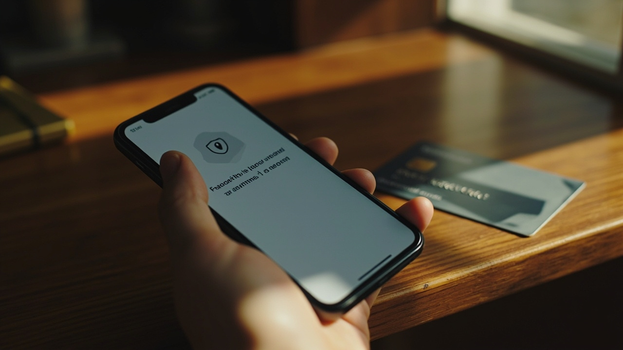 Close-up of a hand holding a smartphone with a generic security-shield fraud notification beside a single credit card on a warm wooden desk