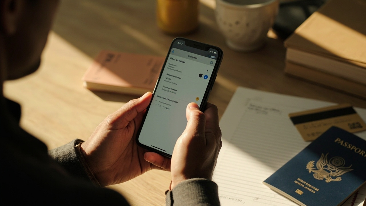 American traveler setting a travel notice in a banking app on a phone, with a blue US passport and a credit card on a sunlit desk
