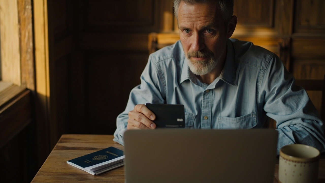 American traveler at a warm wooden home desk holding a generic credit card beside an open laptop showing a clean checkout screen with no readable text