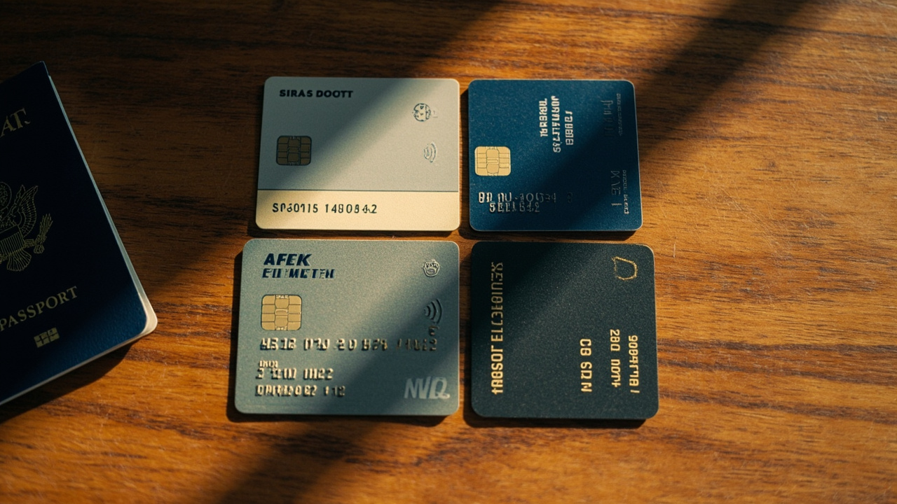 Overhead flat-lay of several generic US credit and debit cards arranged in tidy groups on a warm wooden surface beside a blue American passport