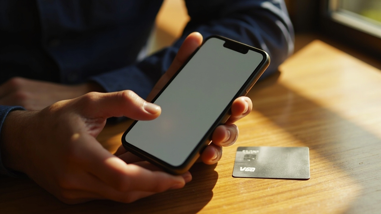 Close-up of American hands holding a smartphone showing a generic banking app over a generic credit card on a warm wooden desk