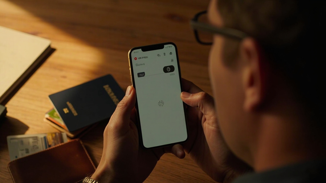 American traveler holding a smartphone with a generic digital-wallet card screen beside a slim wallet and a blue American passport on a warm desk