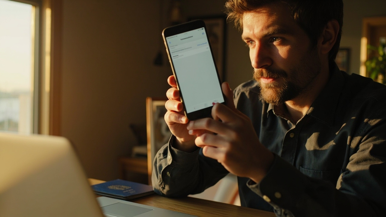 American traveler holding a smartphone showing a generic inbox search, with a laptop and blue US passport on the desk in a sunlit US office
