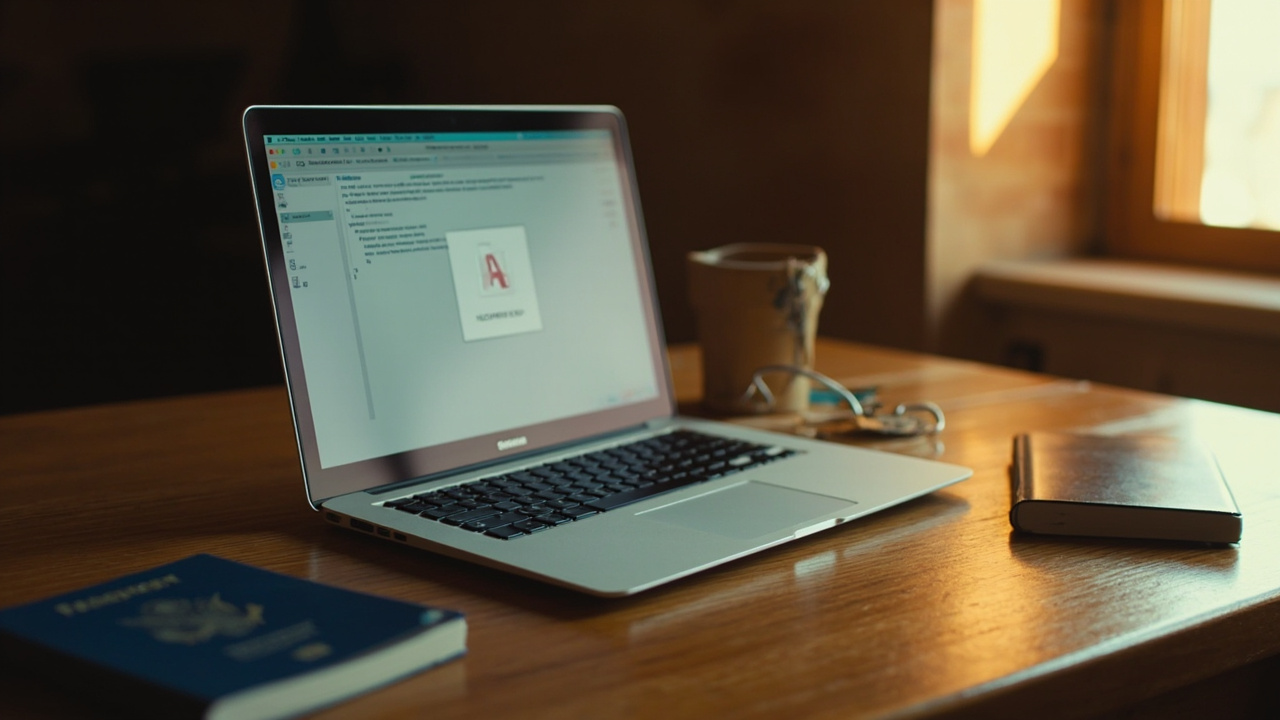 Close-up of a laptop screen showing a generic email inbox with a PDF attachment icon, beside a blue US passport on a wooden desk