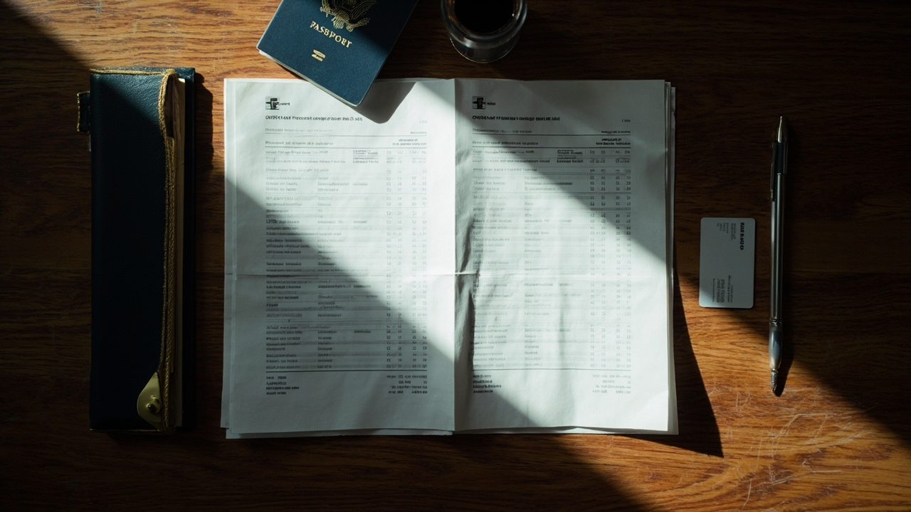 Overhead flat-lay of two folded printouts representing a visa receipt and an e-Arrival receipt beside a blue US passport and a payment card