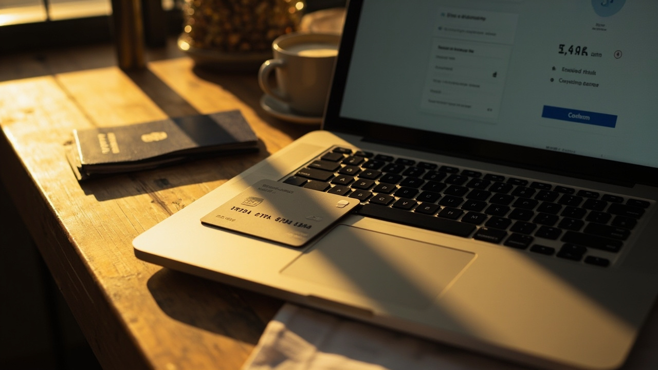 A single plain payment card resting on a laptop showing a generic checkout panel billed in US dollars, on a warm wooden desk at golden hour