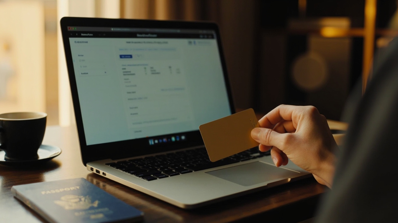 An office assistant entering a corporate card at a laptop while a colleague's blue US passport rests nearby, showing the cardholder and traveler are different people