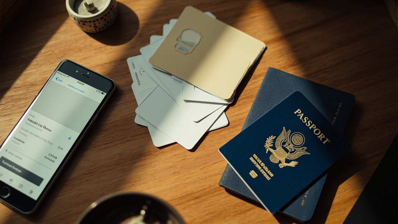 Several generic corporate-style cards fanned out on a warm wooden desk beside a smartphone with a digital-wallet screen and a blue US passport