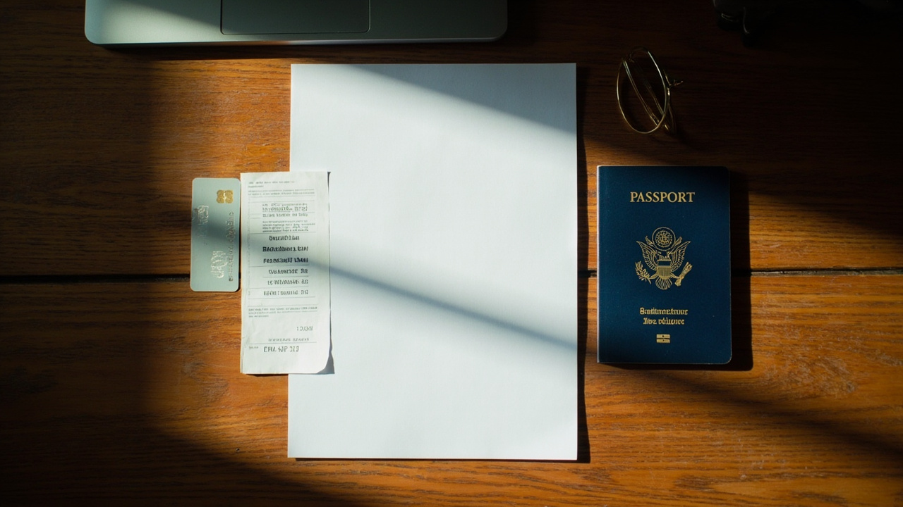 Overhead flat-lay of a folded A4 eVisa printout, a small paper receipt, a corporate card, and a blue US passport on a warm wooden desk