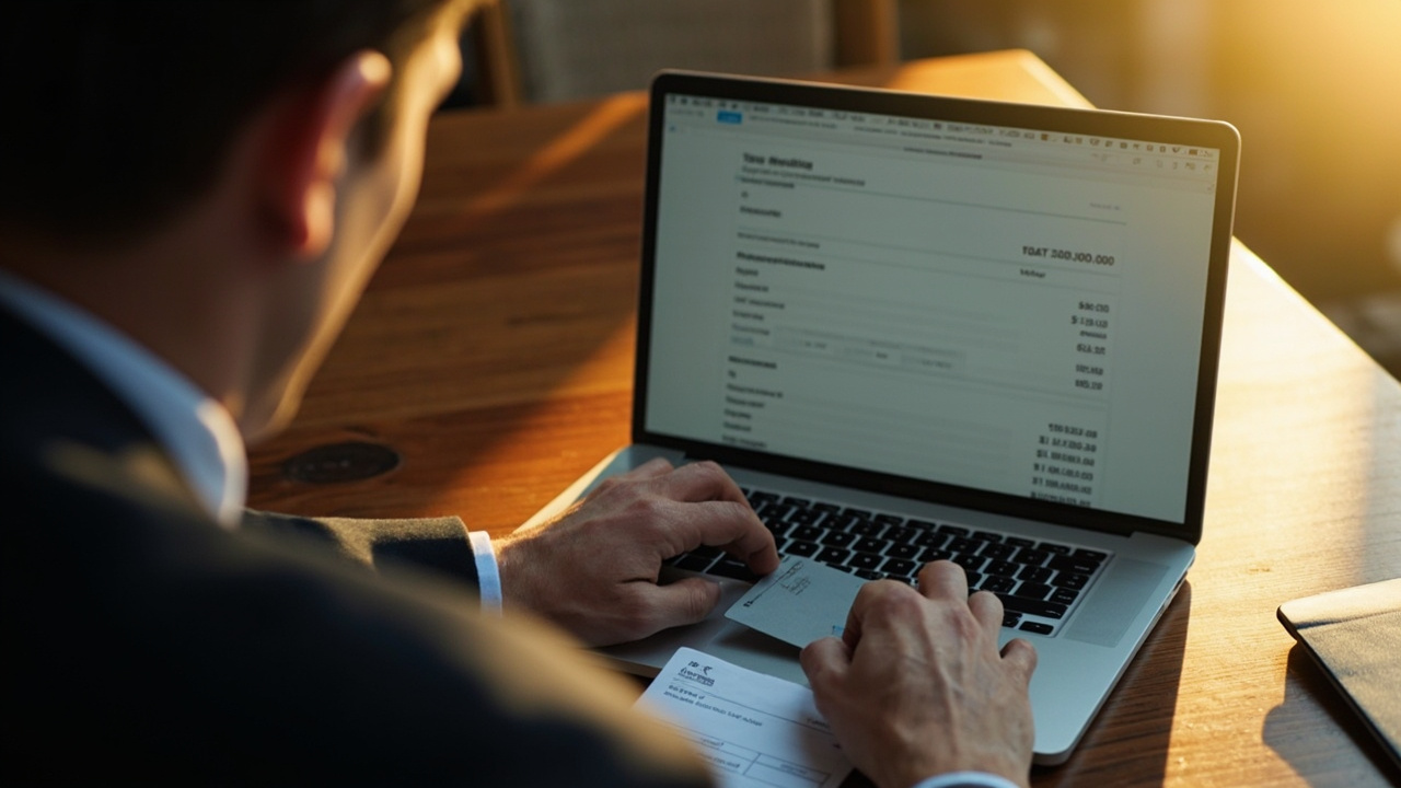 American business traveler reviewing a generic corporate statement on a laptop with a corporate card and blue US passport on a warm wooden desk at golden hour