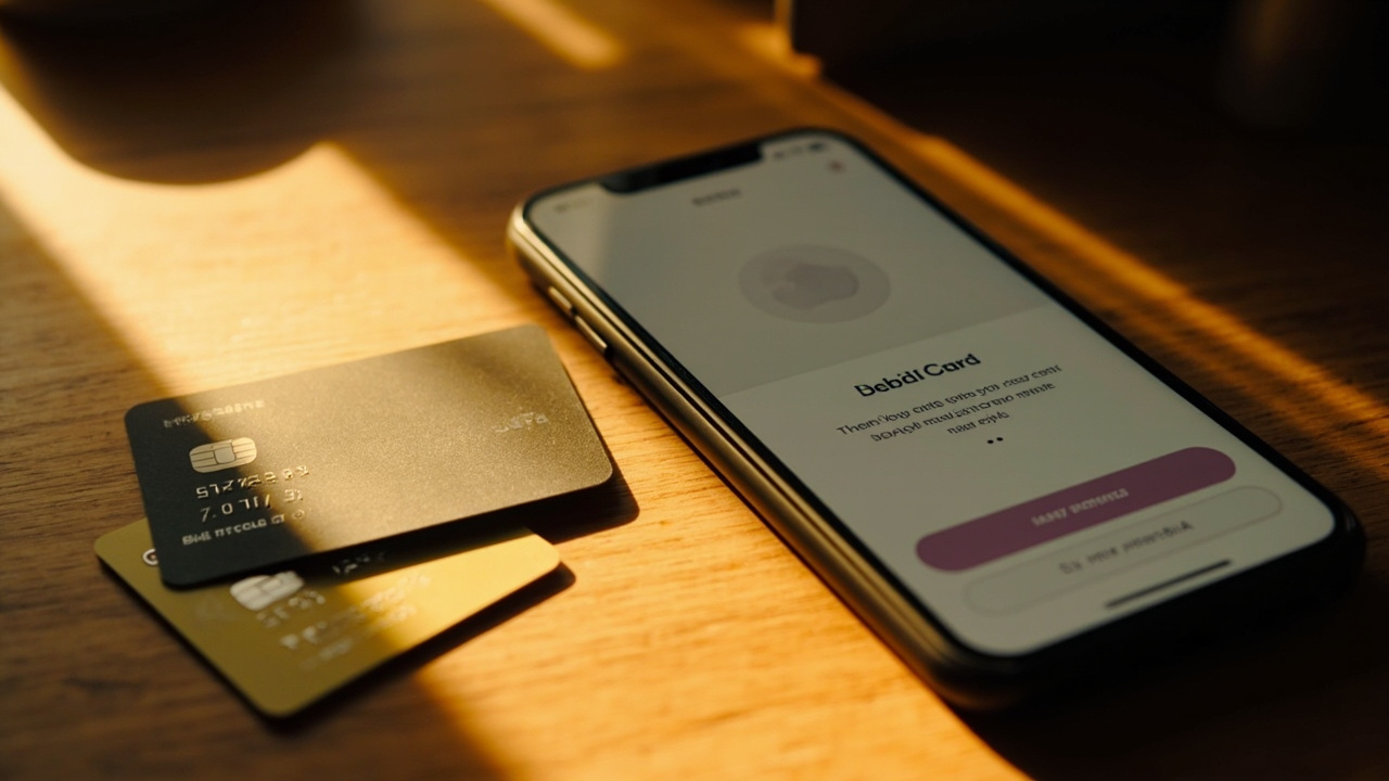 Two plain credit cards and a smartphone showing a generic digital-wallet pay sheet on a warm wooden desk in an American home