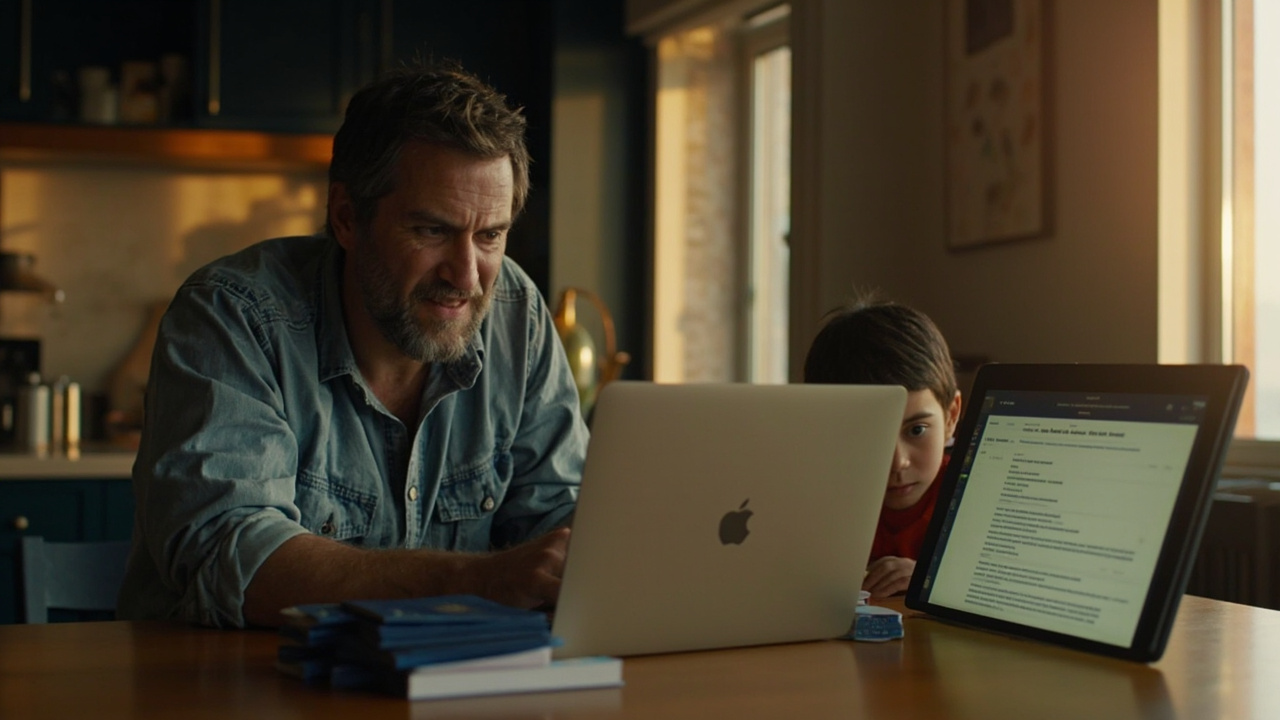 American parent at a kitchen table with a laptop and a small stack of four blue US passports, filing arrival forms for the whole family