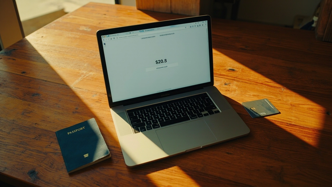 Overhead view of a laptop on a warm wooden desk showing a clean generic checkout panel with a small USD amount, beside a blue US passport and a credit card